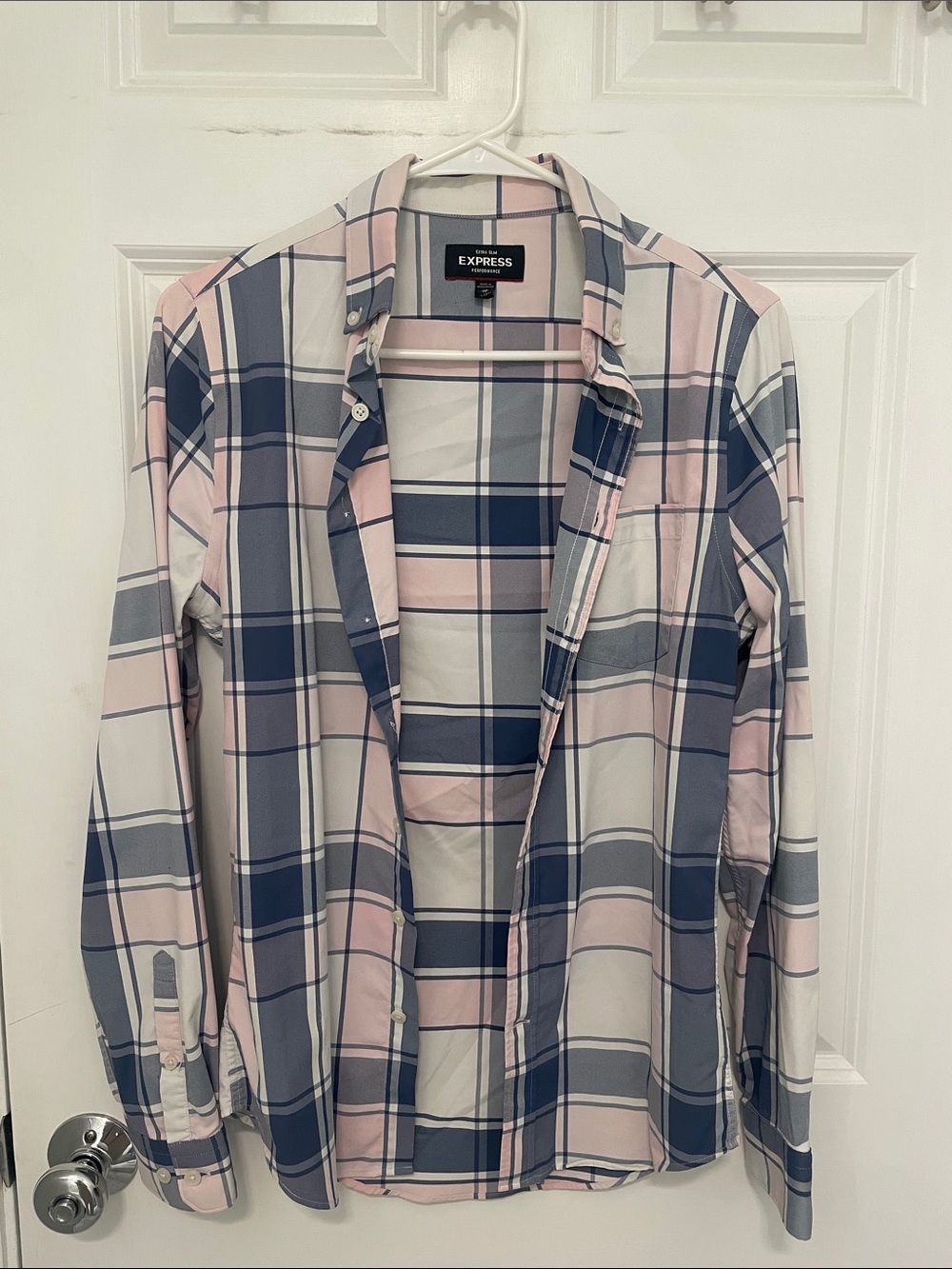 Express Men’s Plaid Button-Down Shirt in Pink and Blue